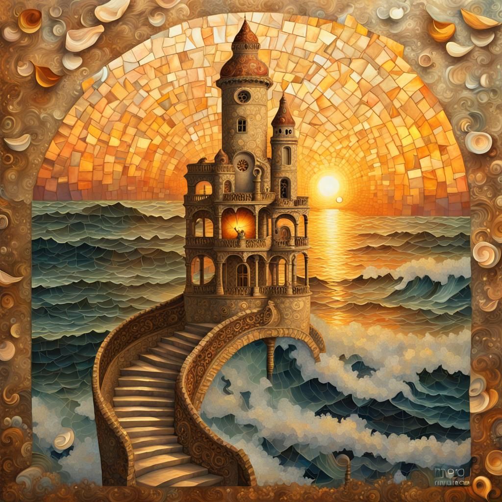 Surreal Nautilus Tower Amidst Golden Sunset Waves