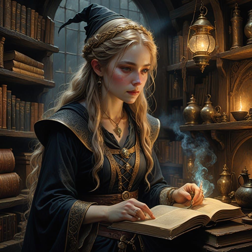 Mystical Female Witch in Enchanted Smokey Hut, Dark Fantasy....