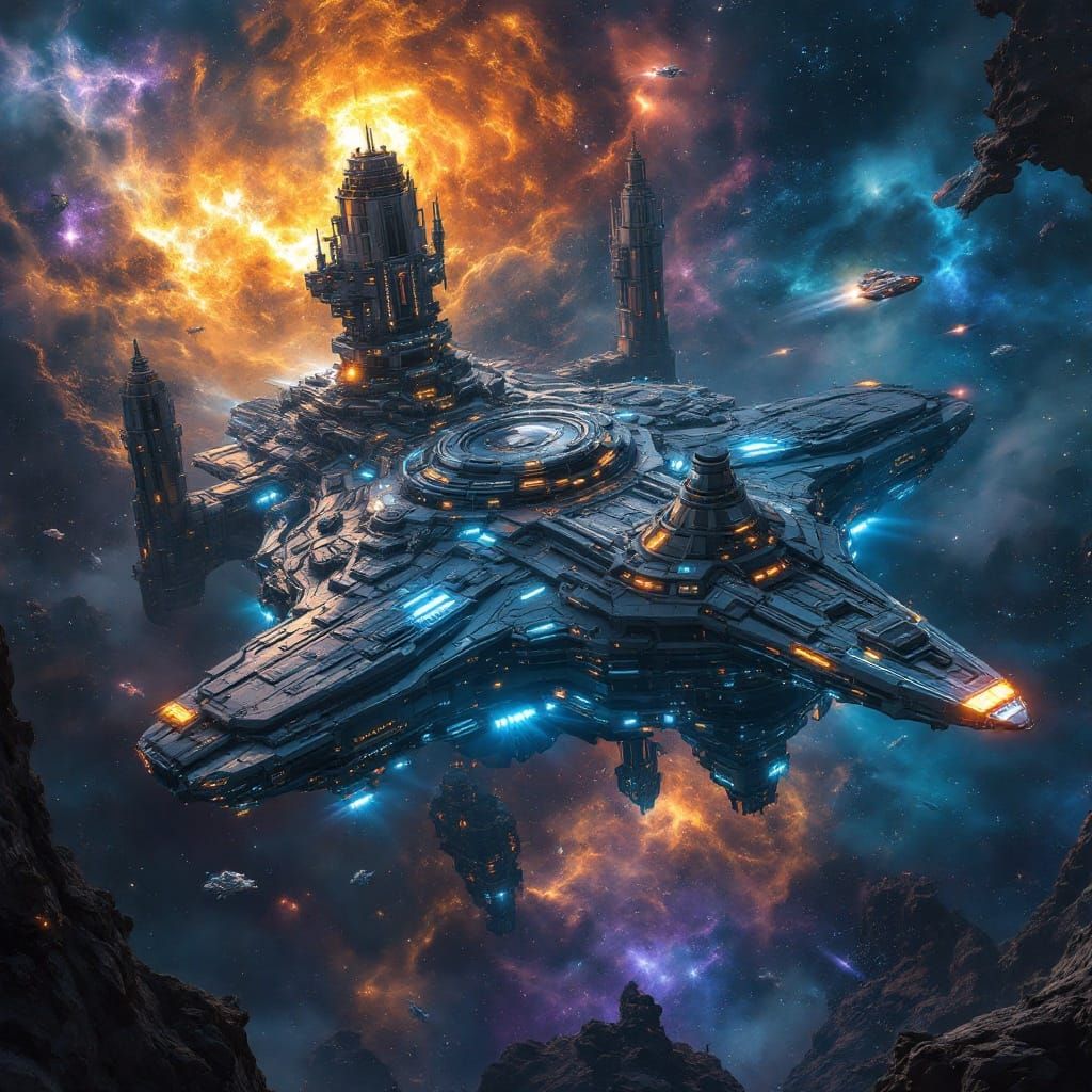 Intricate Starbase with Nebula in Fantasy Concept Art