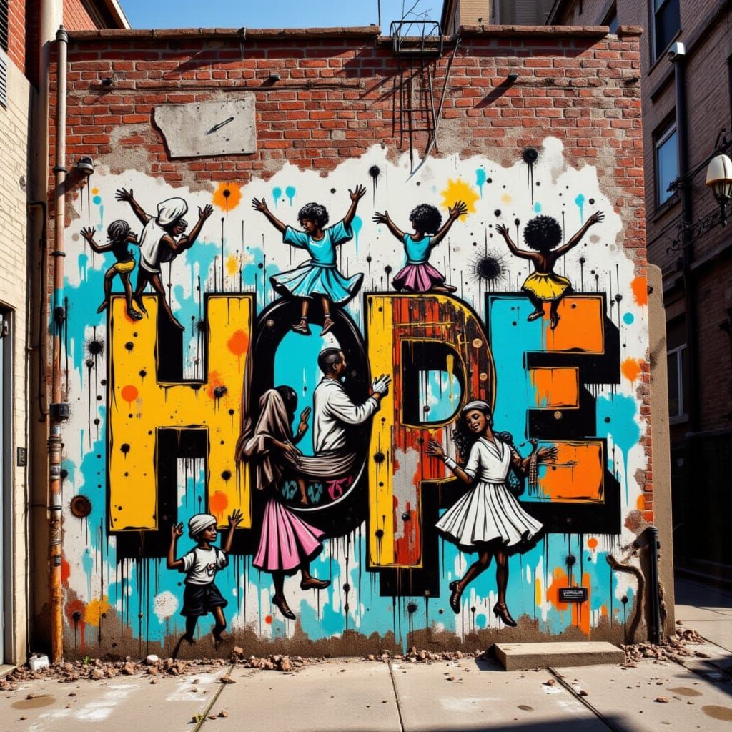 Street Art Mural With "HOPE" in Keith Haring Style