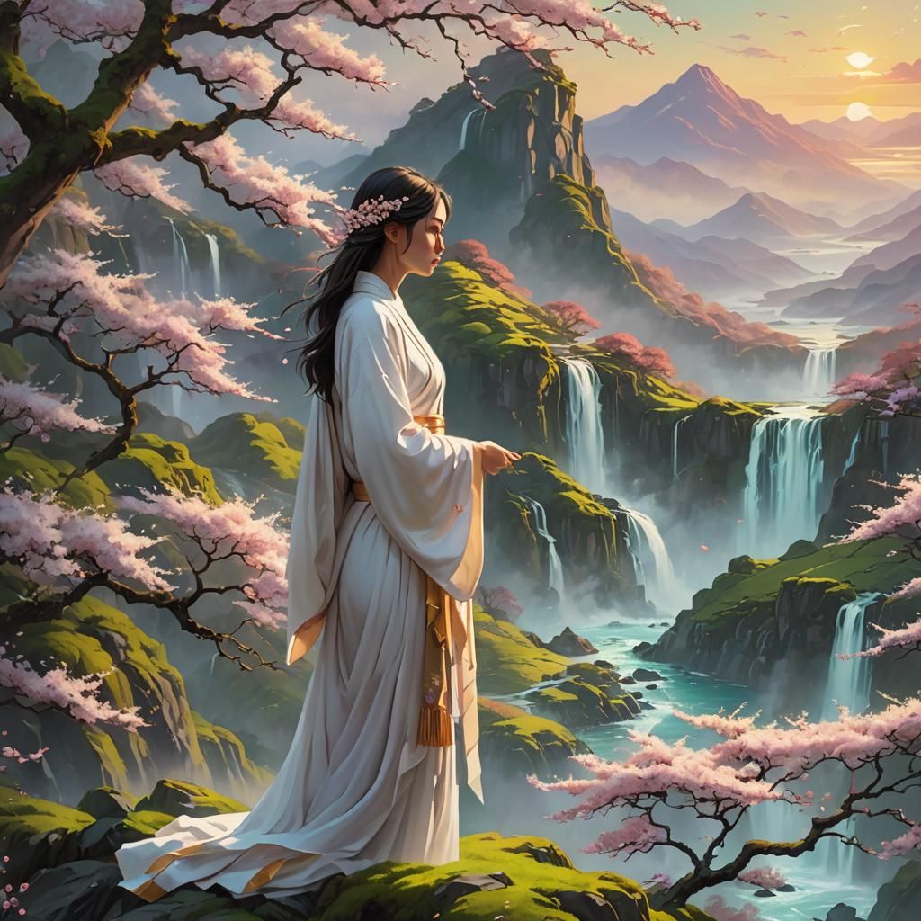 Woman Overlooking Tranquil Ocean as Oil Painting