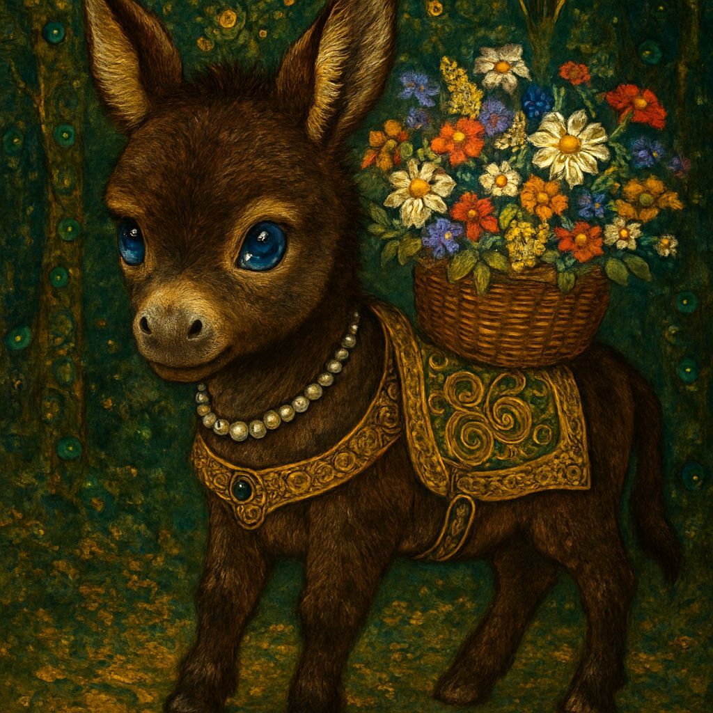 Baby donkey carrying a basket of flowers