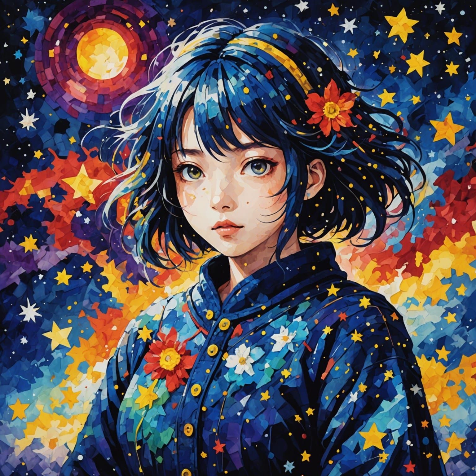 Anime Character in 2.5D Pixel Art with Impasto Colors