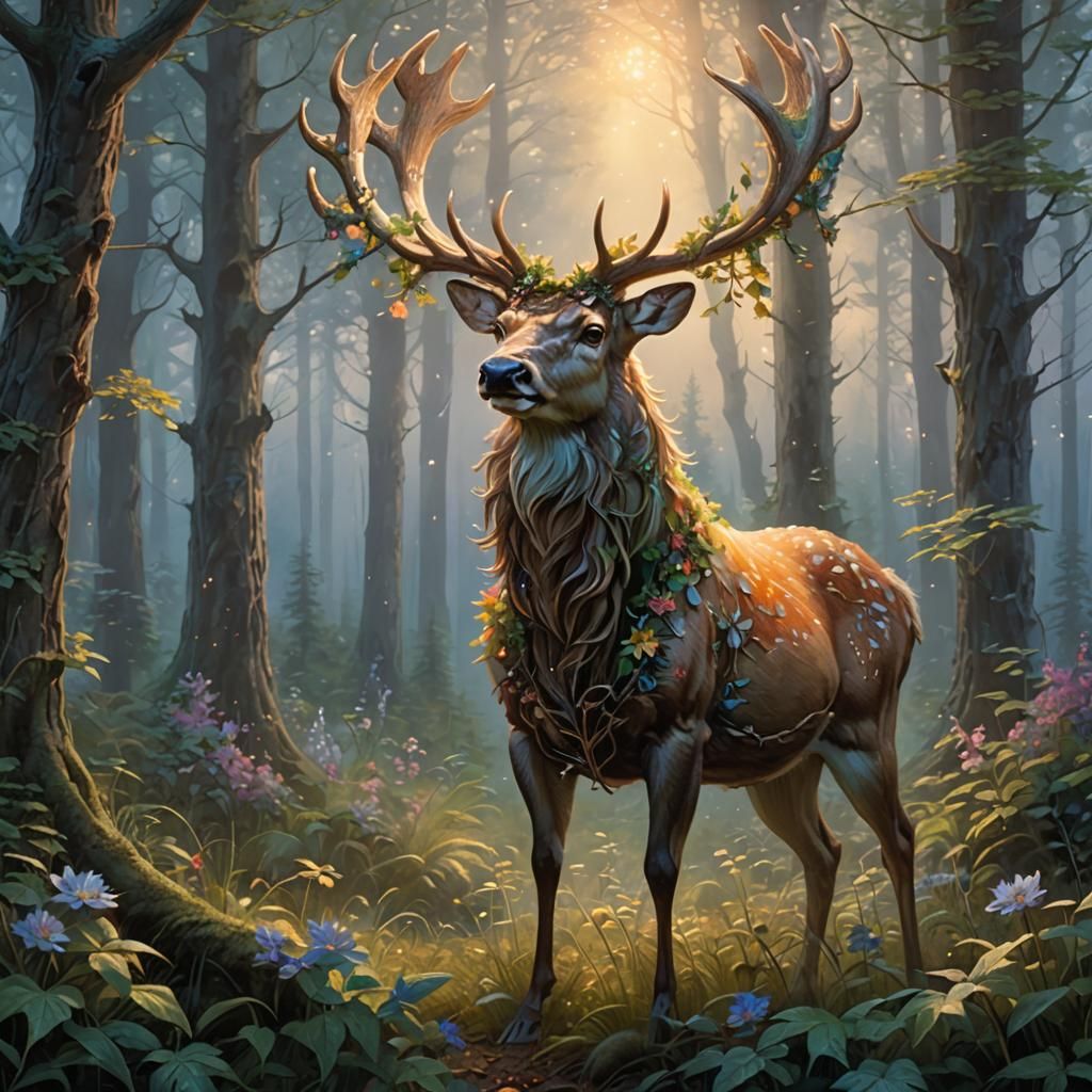 Glowing Stag in Misty Forest, Hyper-Realistic Art
