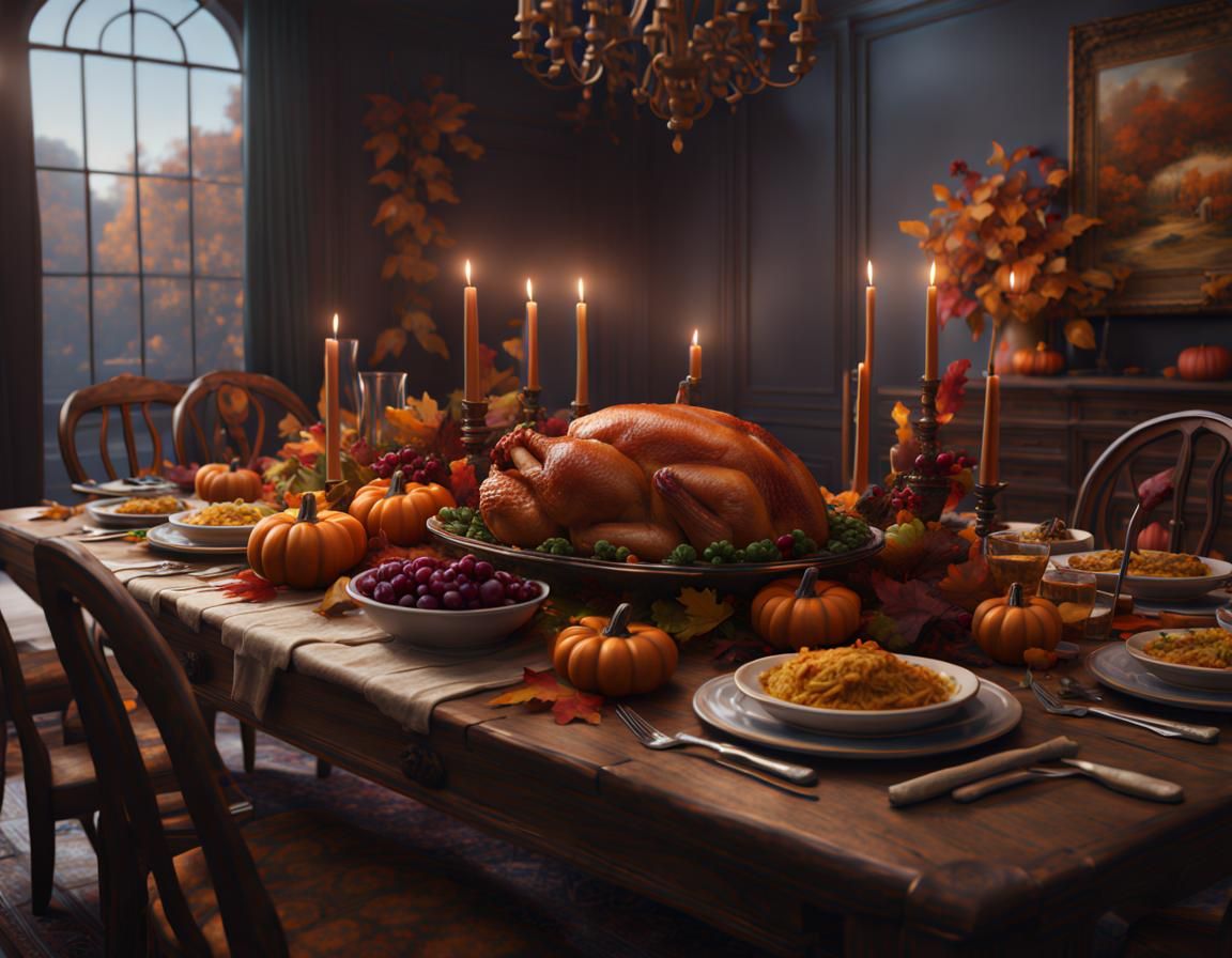Fantastical Thanksgiving Dinner Table: Detailed Matte Painti...