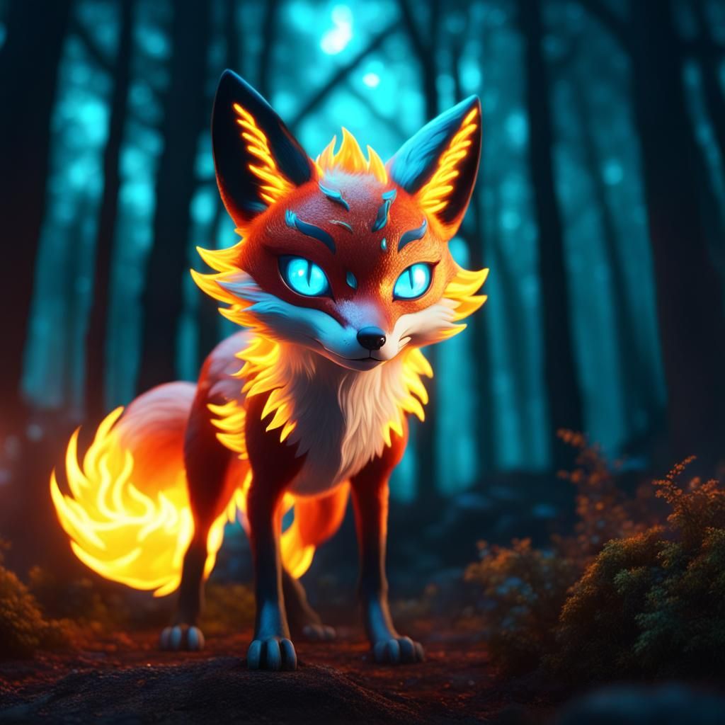 Glowing Fire Fox Creature in Anime Pokémon Style