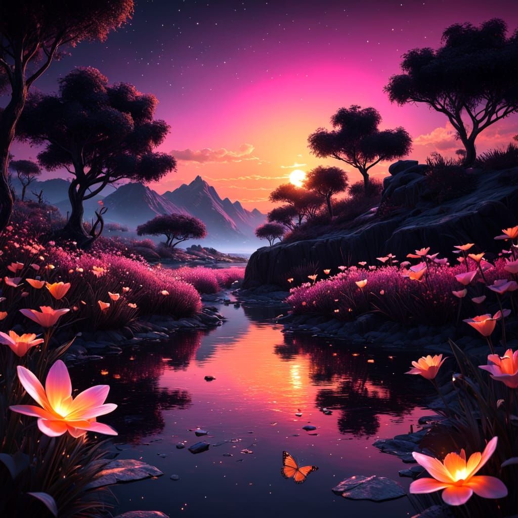 Magical Neon Sunset Over Enchanted Flowers