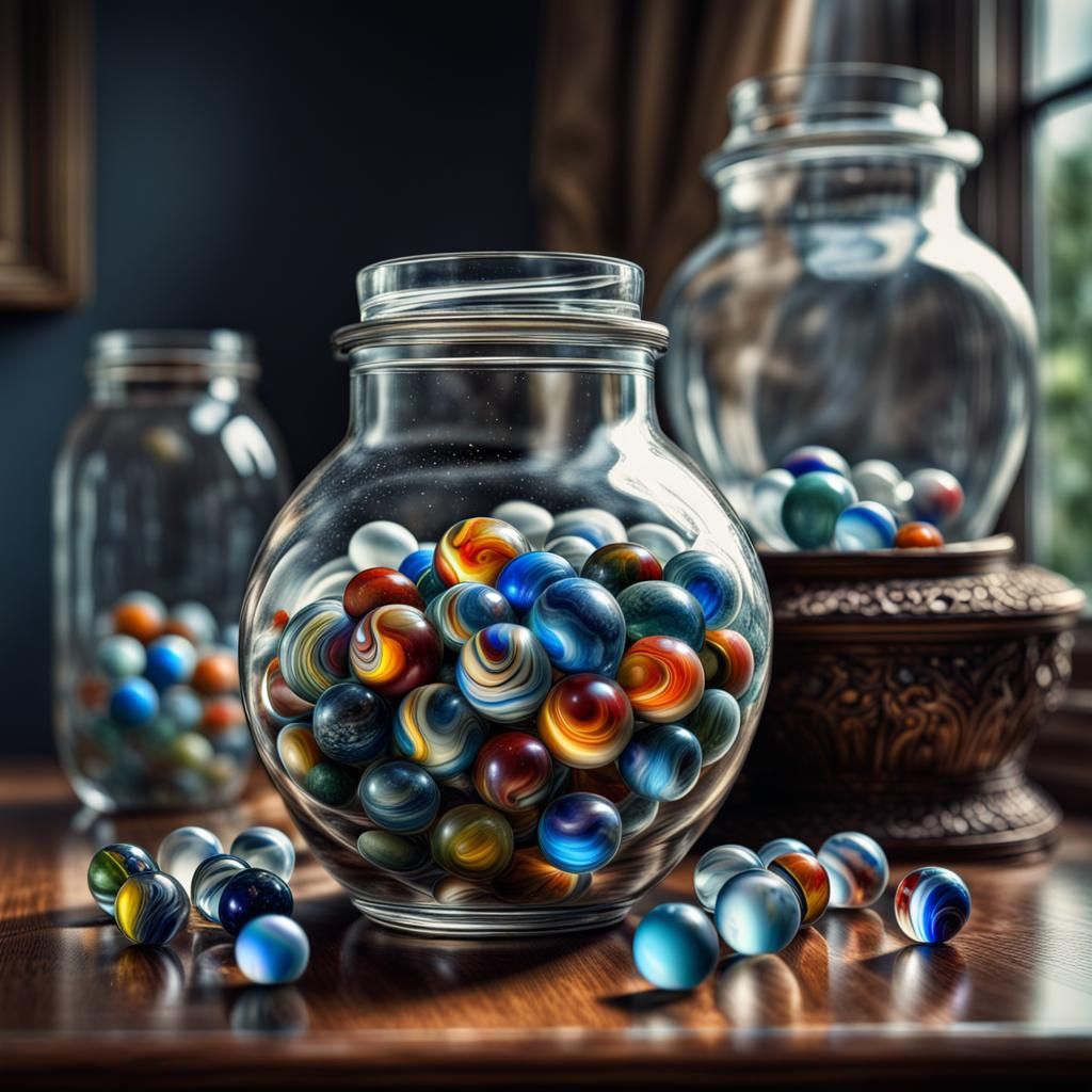 Hyperrealistic Glass Jar of Marbles and Water