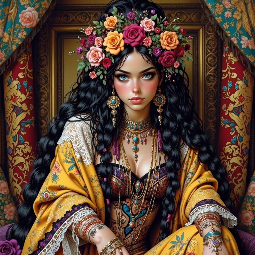 Majestic Romani Queen in Klimt-Inspired Style
