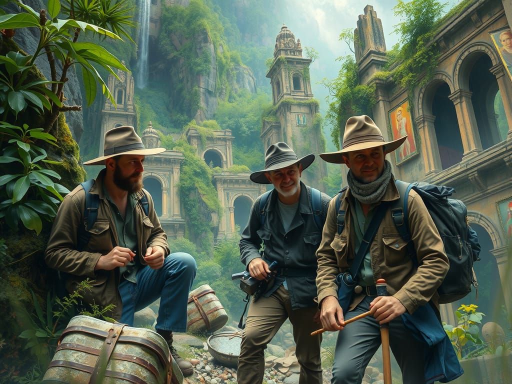 Explorers Discover Ancient Artifacts in Impressionist Style