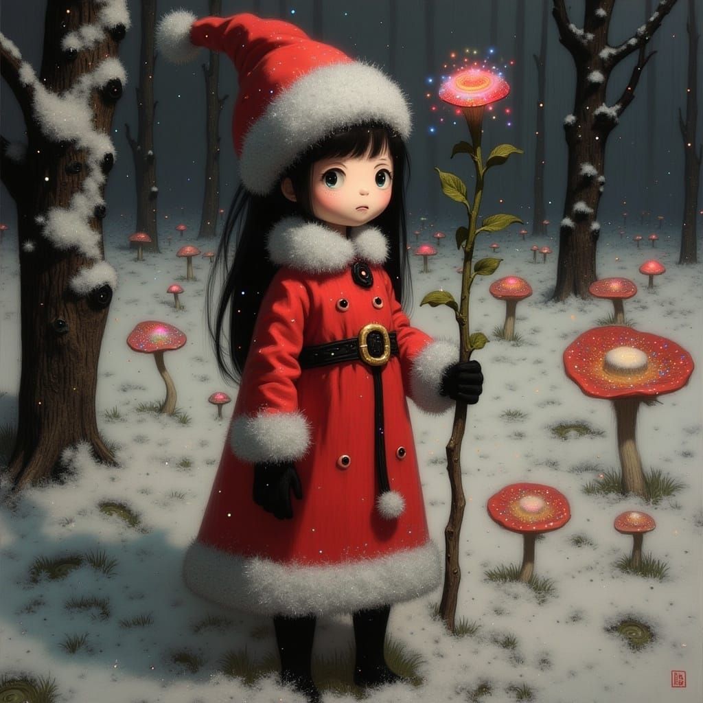 Santas Whimsical Helper in a Vibrant Mushroom Forest