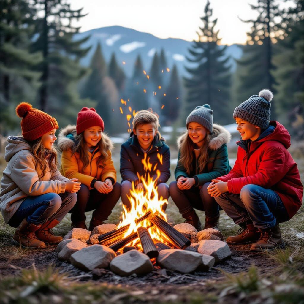 Children Gather Around a Bonfire on a Summer Evening