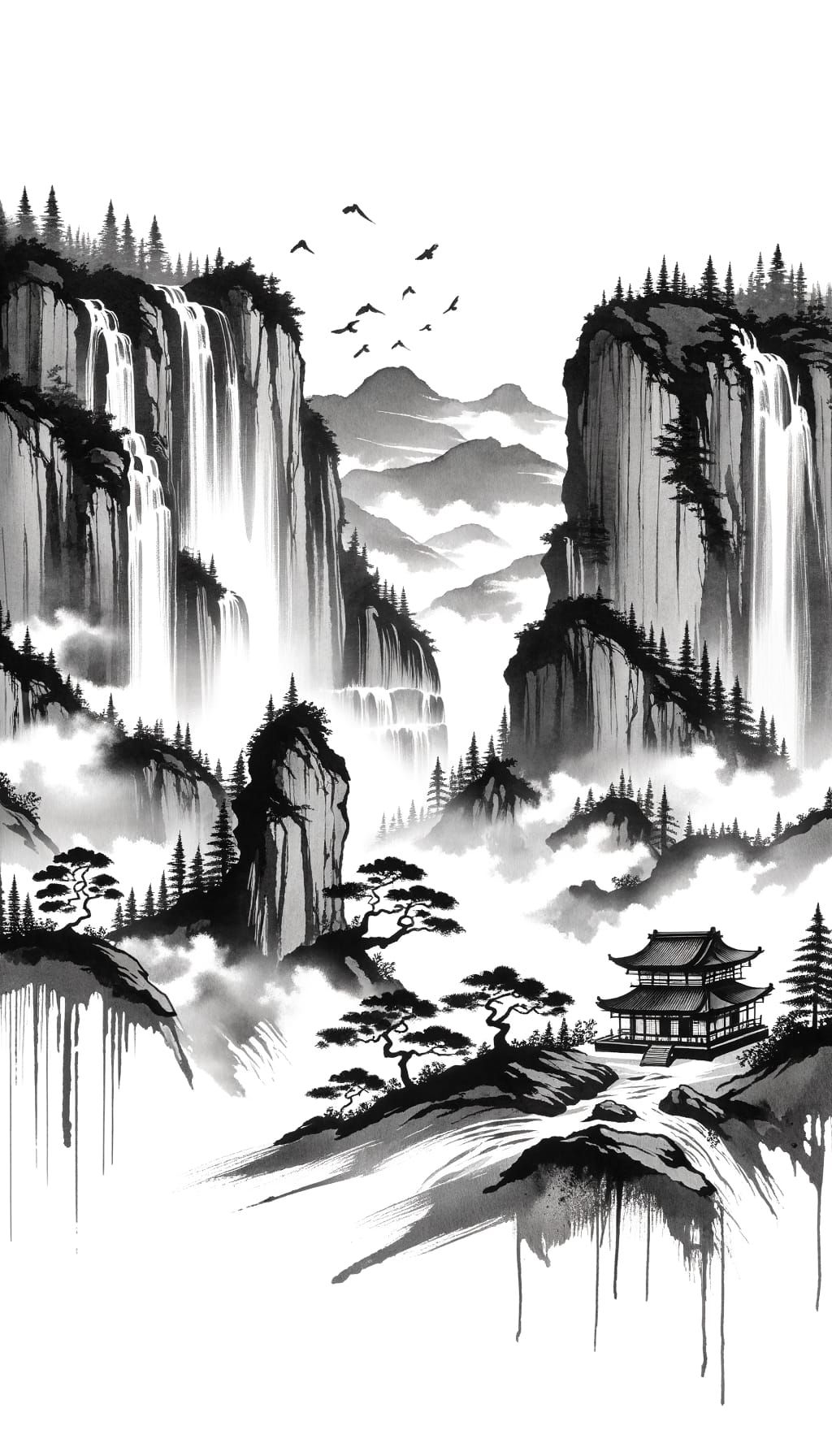 Traditional Japanese Dojo on Cliffside Amidst Misty Landscap...