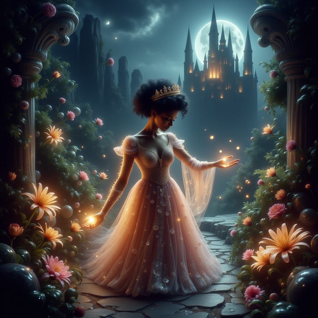 Enchanting Princess in Night Garden, Dreamlike Style