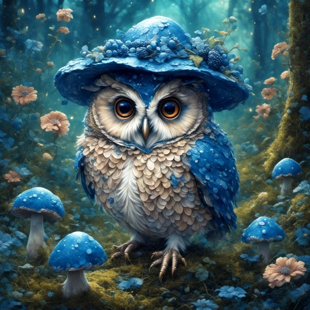 cute blueberry owl with hat <lora:Blue World:1.0>