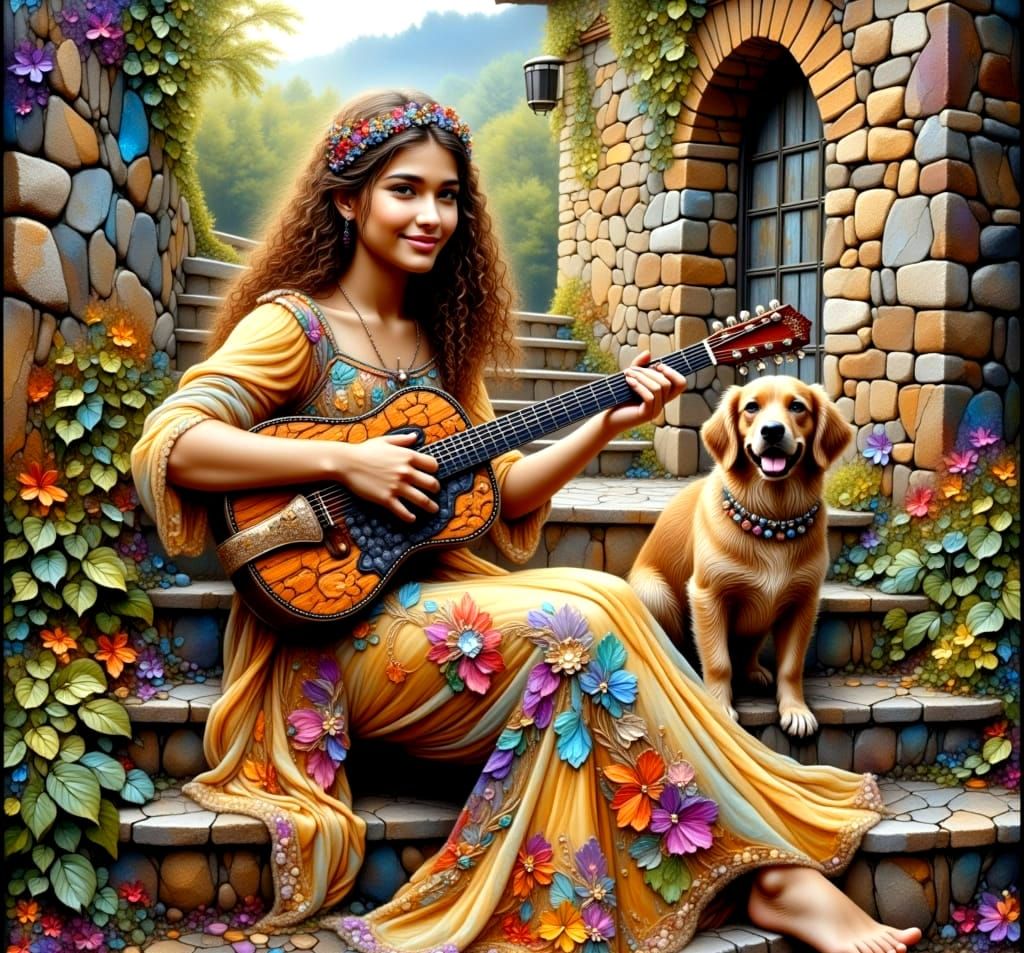 Charismatic Oil Painting of a Happy Hippy Musician Girl with...