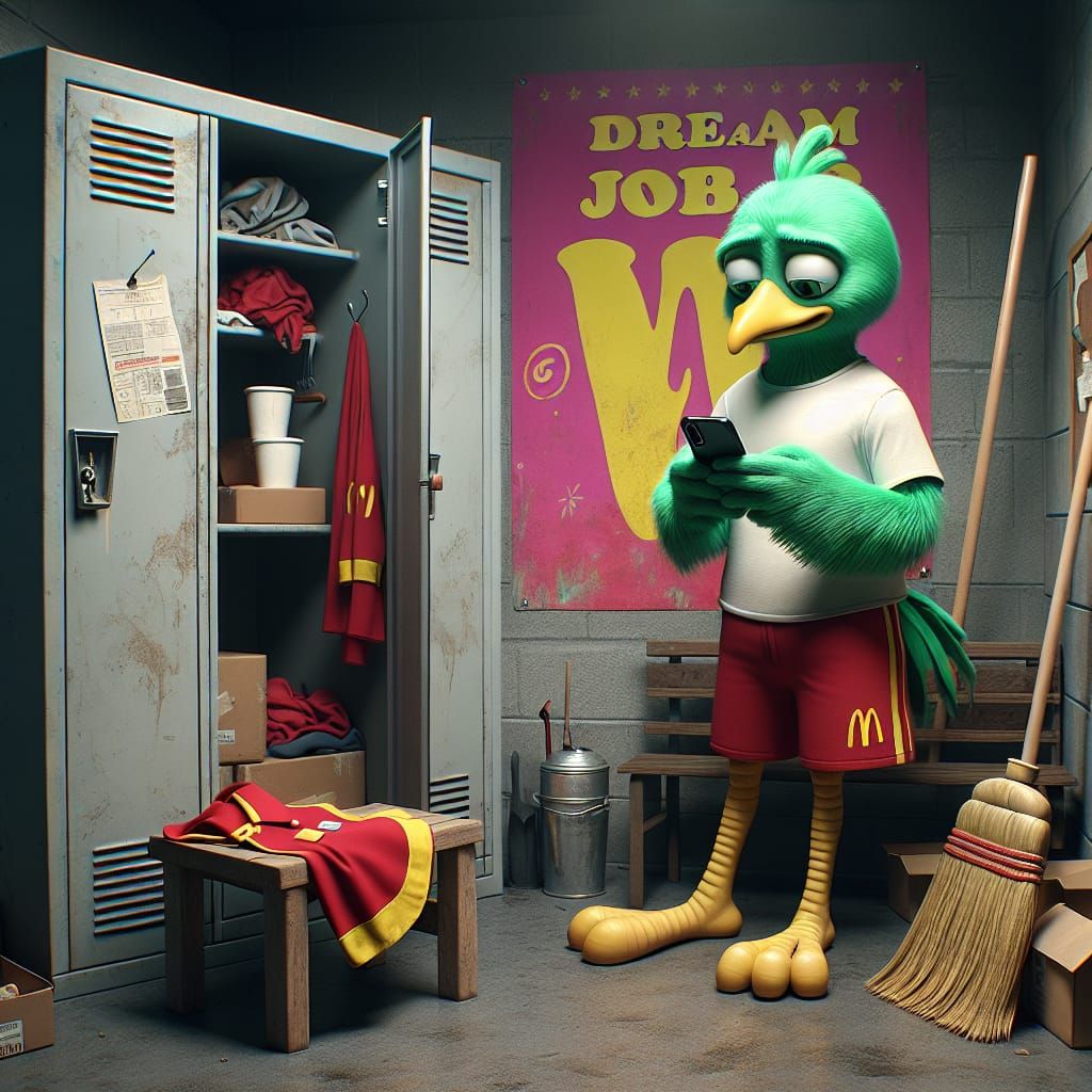 Annoyed Bird Character in Gloomy Locker Room