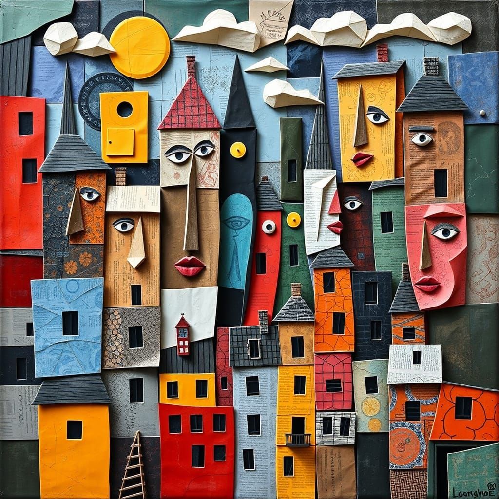 Cubist Cityscape with Face Buildings in Collage Style
