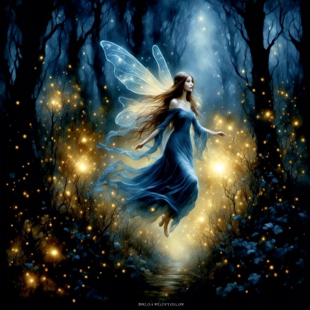 Fairy Flying in Glowing Forest with Ethereal Fog