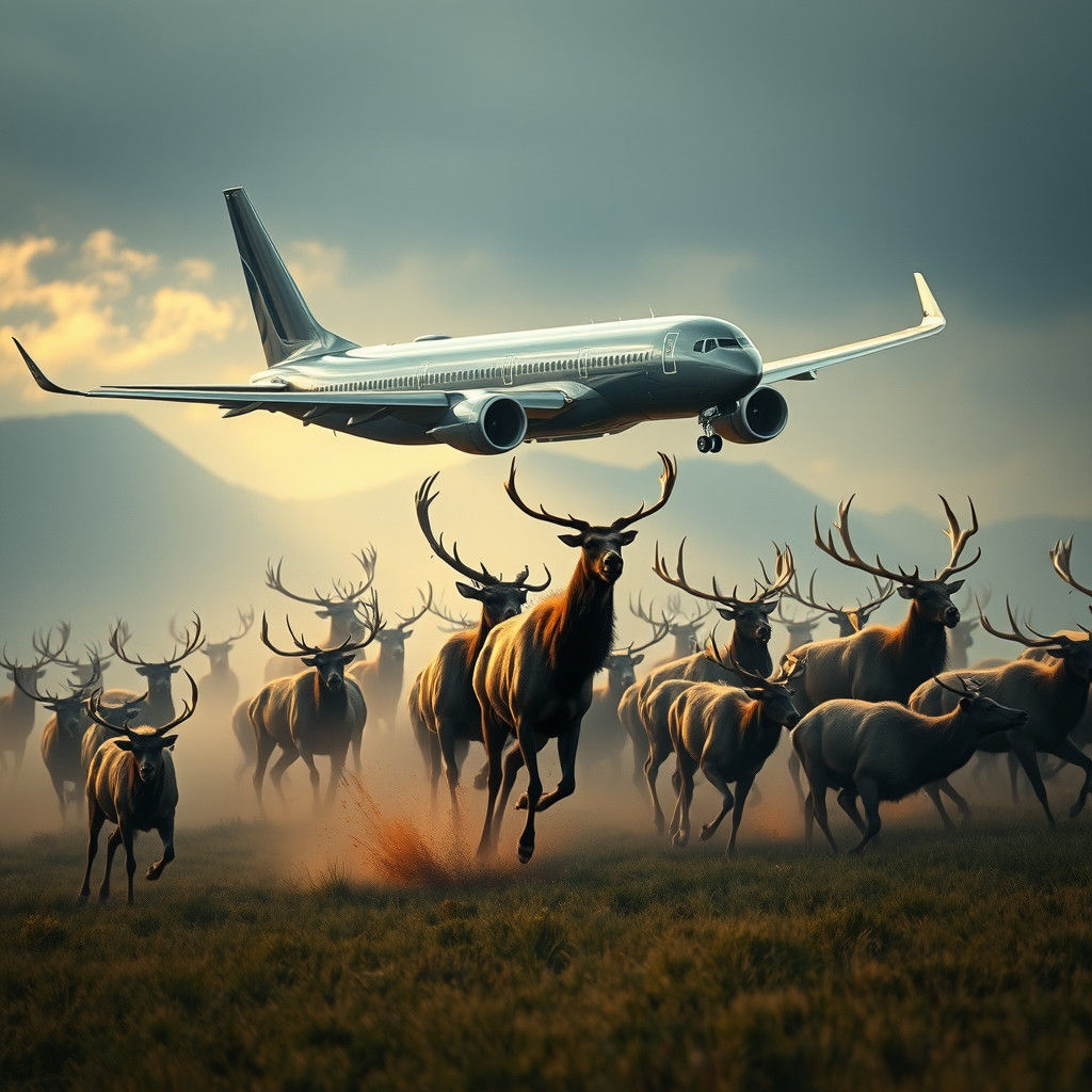 Passenger Plane Startles Elk Herd: Hyper-Realistic Detail