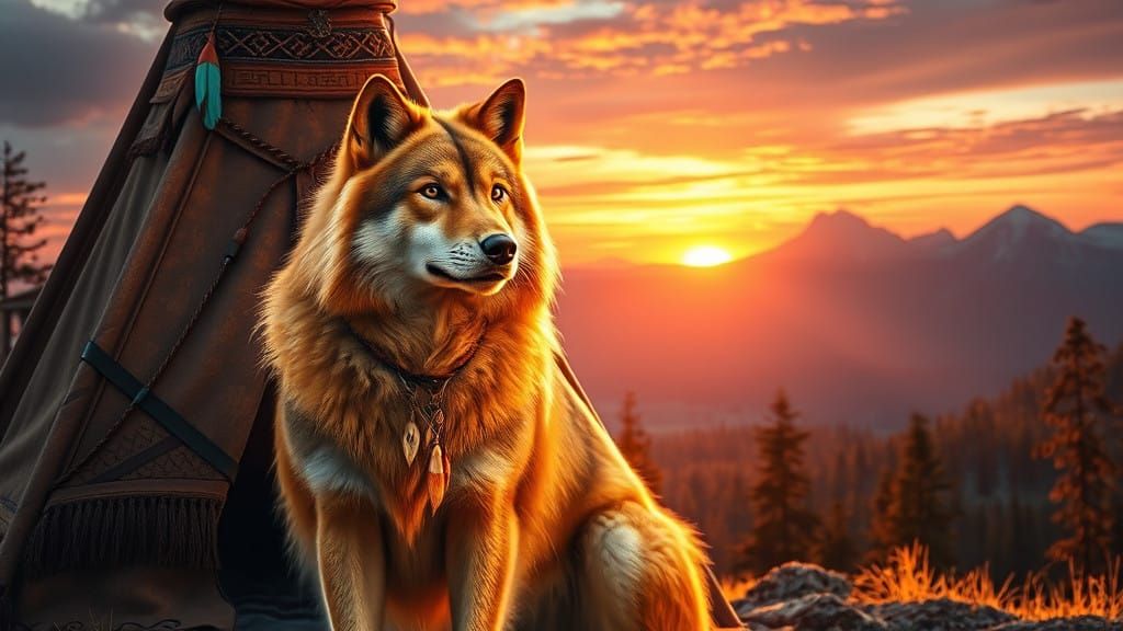 Regal Golden Wolf in Traditional Native American Teepee, Sun...