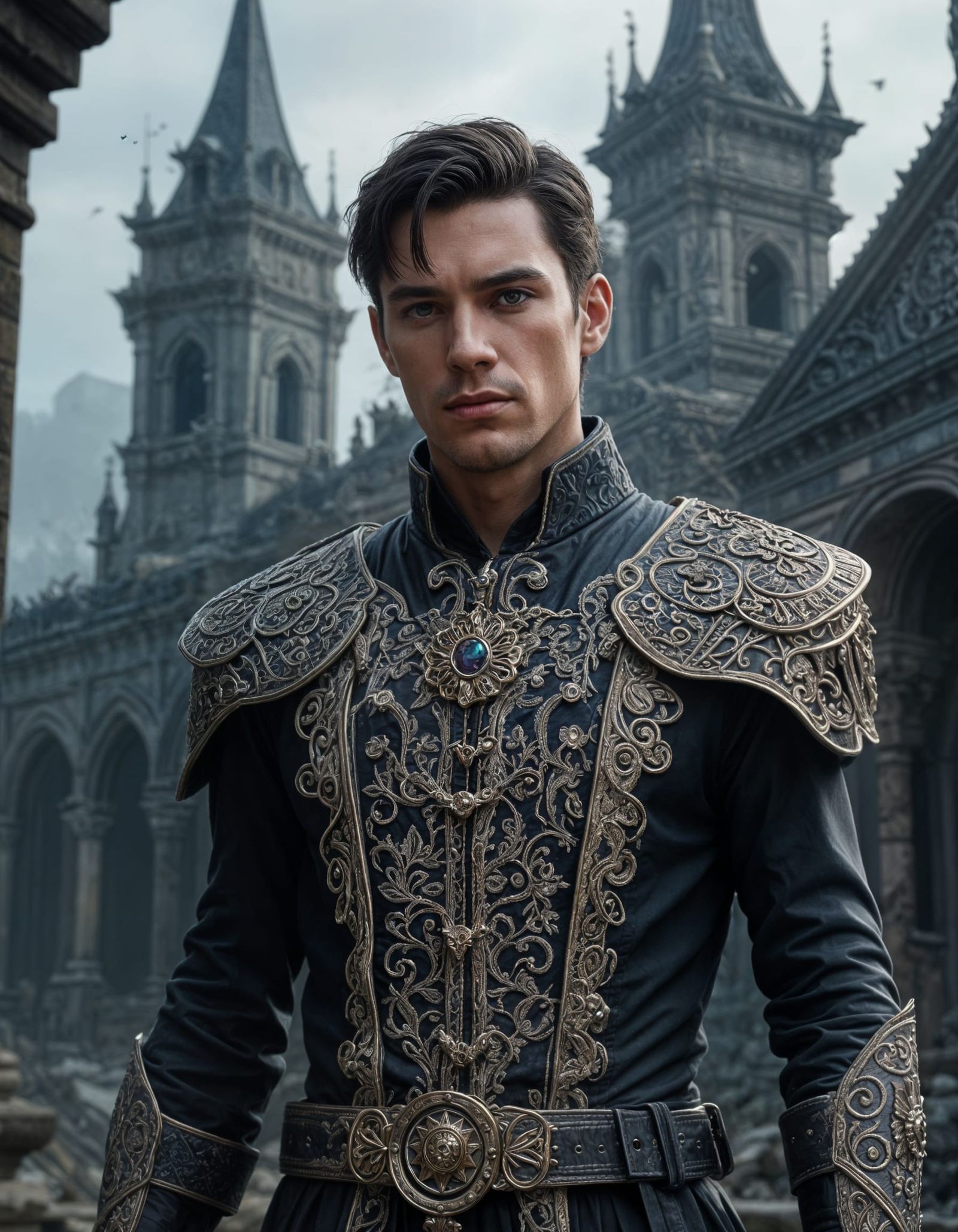 Gothic Warrior in Immersive Fantasy Landscape