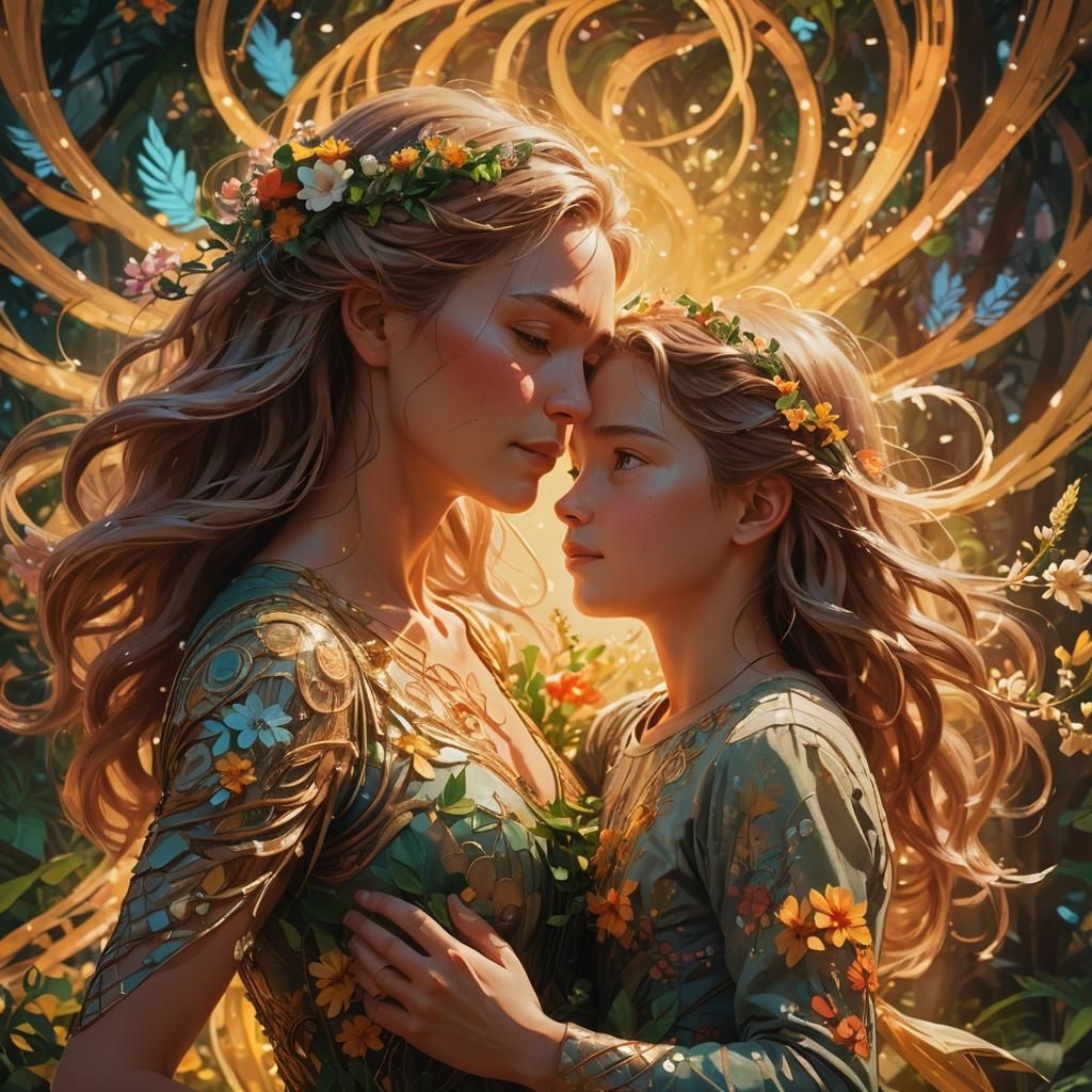 Mother and Daughter Embrace in Fantasy Art