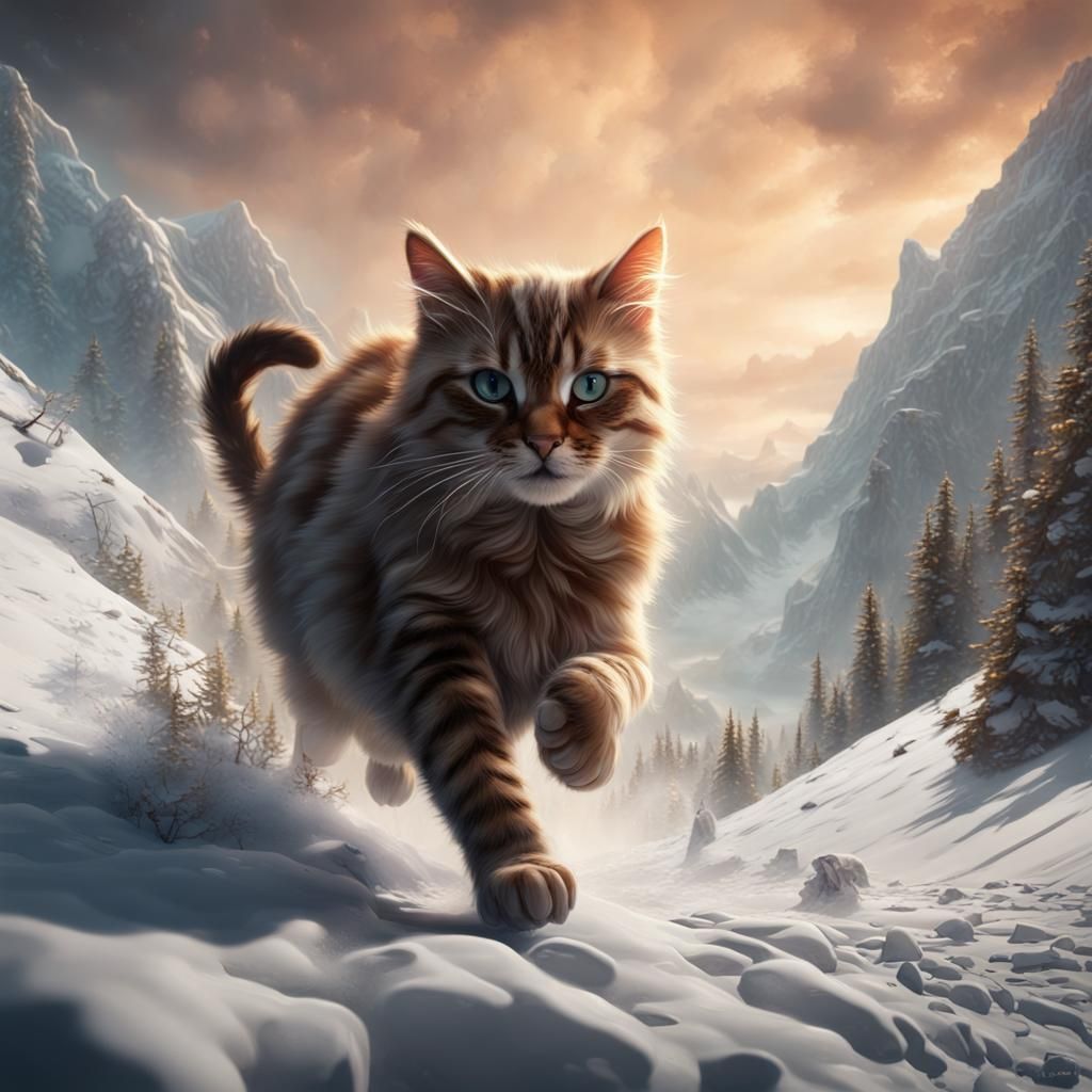 Cat Escaping Avalanche: Detailed Fantasy Art