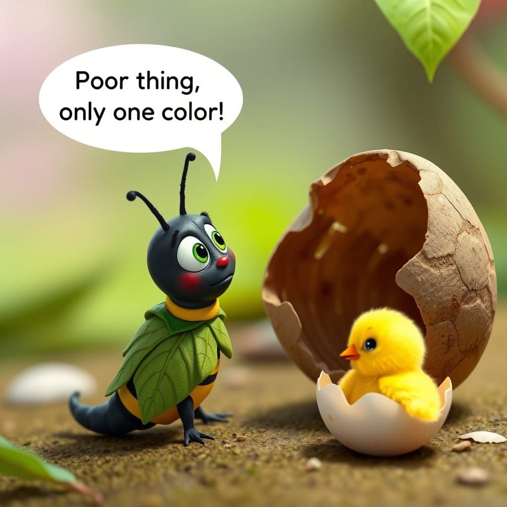 Astonished Caterpillar Watches Chick Hatch in Pixar Style