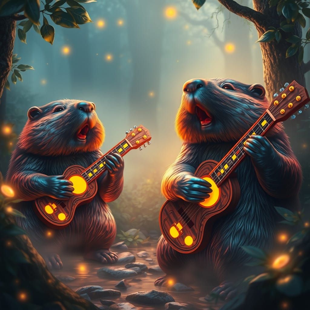 Mystical Beavers Serenade in Vibrant Forest Dreamscape