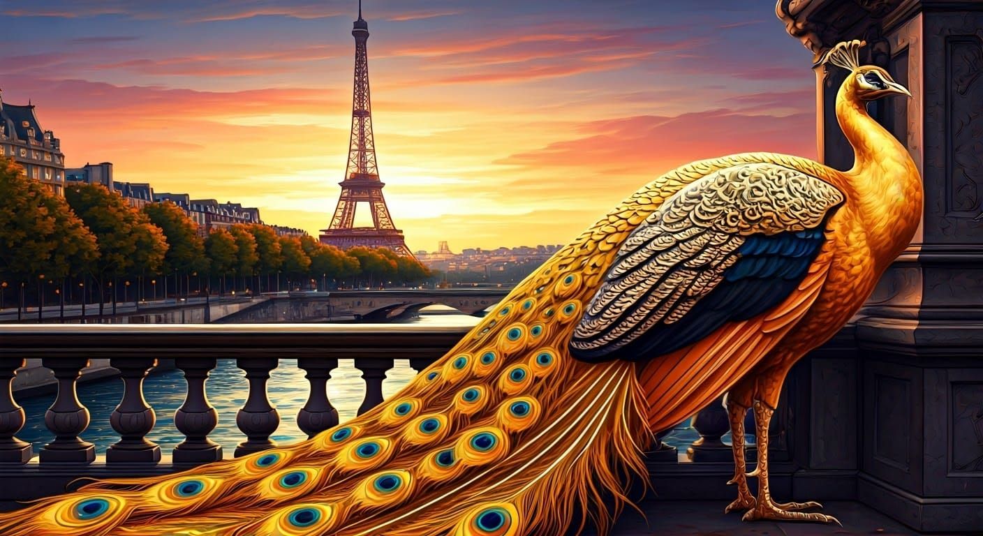 Golden Peacock on Parisian Bridge at Sunset