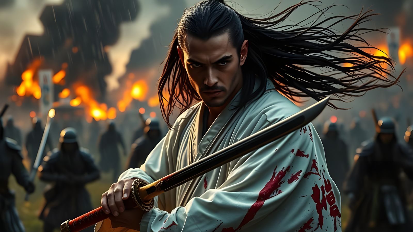 Samurai Warrior Amidst Rain-Soaked Battle