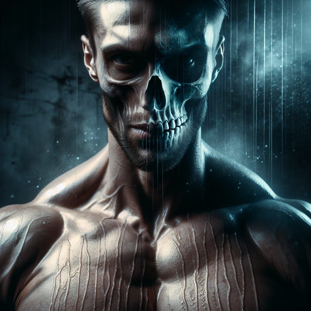 Surreal Portrait of Man with Ghostly Skull Overlay