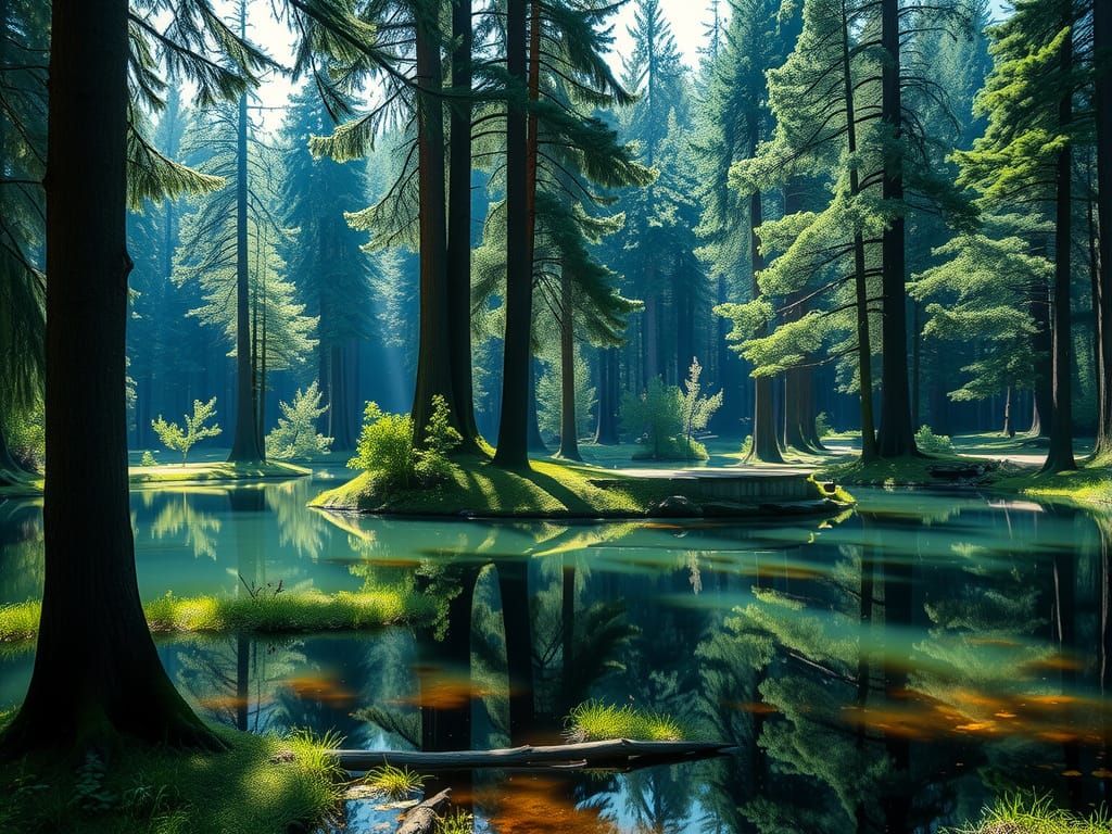 Lush Forest Lakes: A Romantic Digital Art Landscape