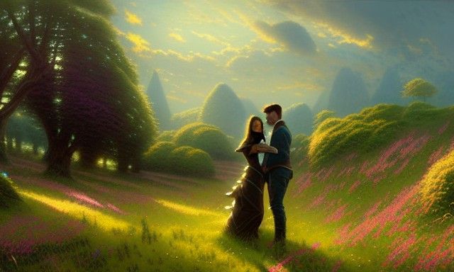 Romantic Couple in Field, Digital Painting