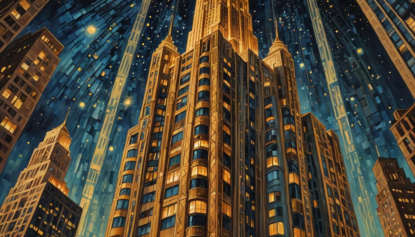 Art Deco Skyscraper Under a Starry Night Sky