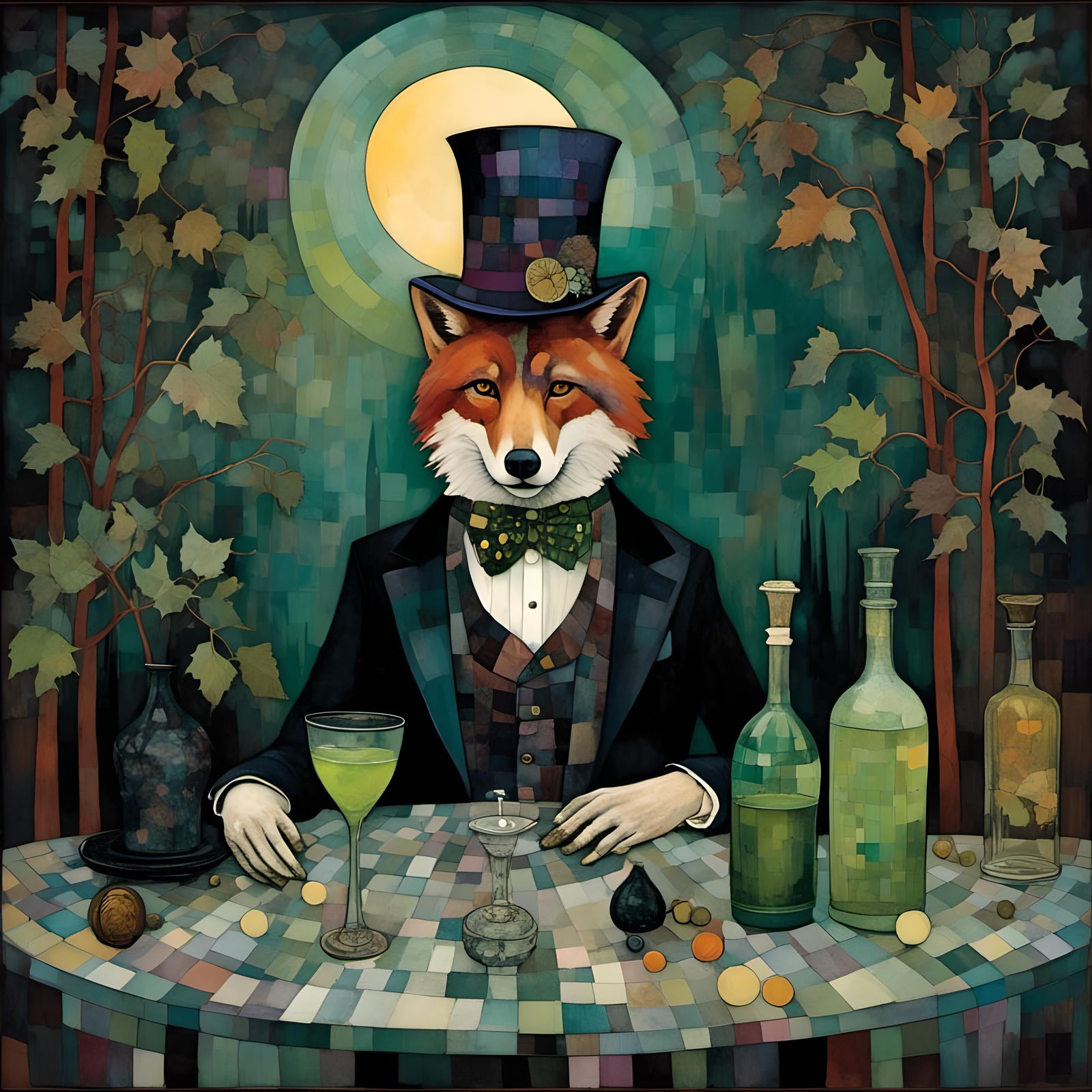 Gothic Man with Absinthe in Dark Forest