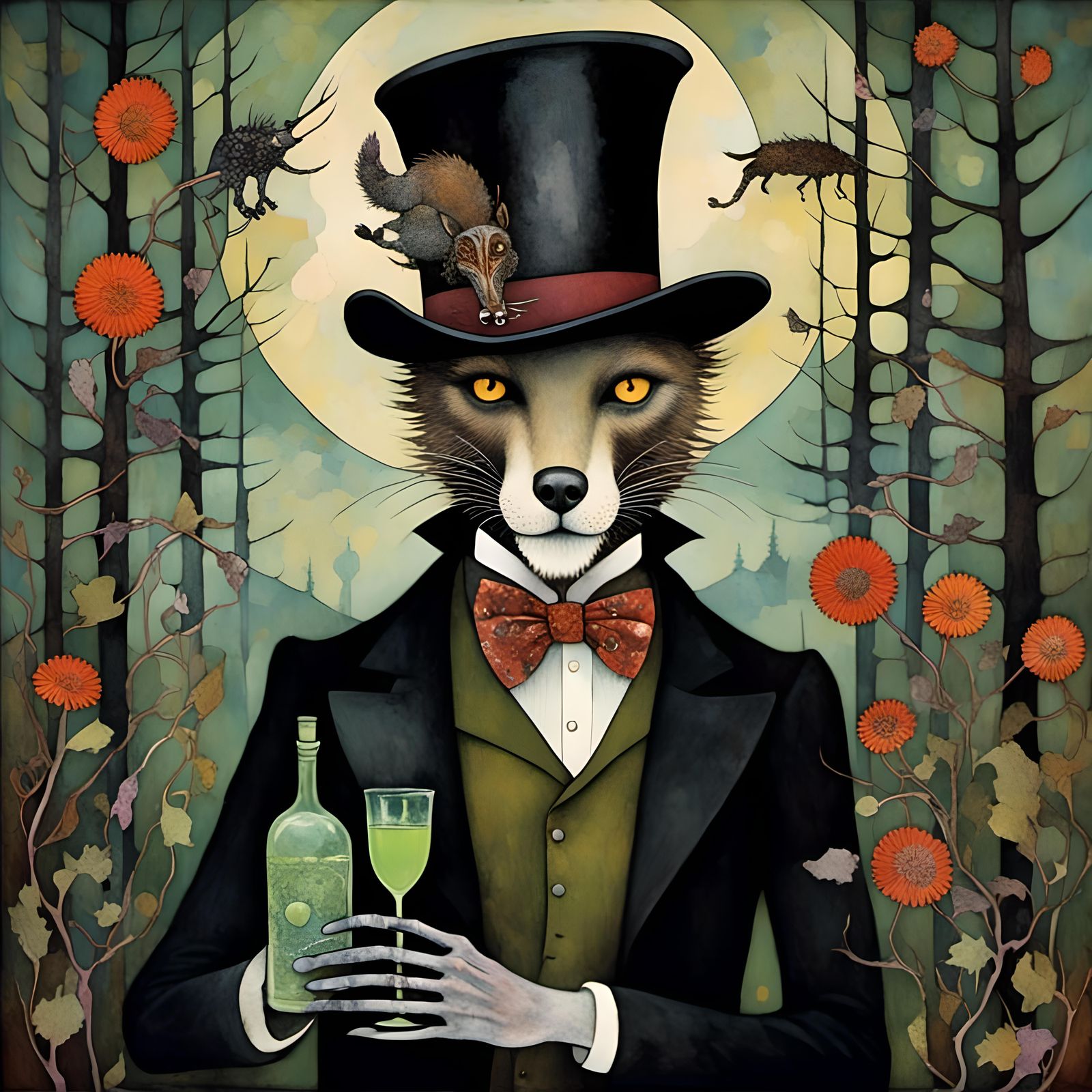 Gothic Man with Absinthe in Dark Forest