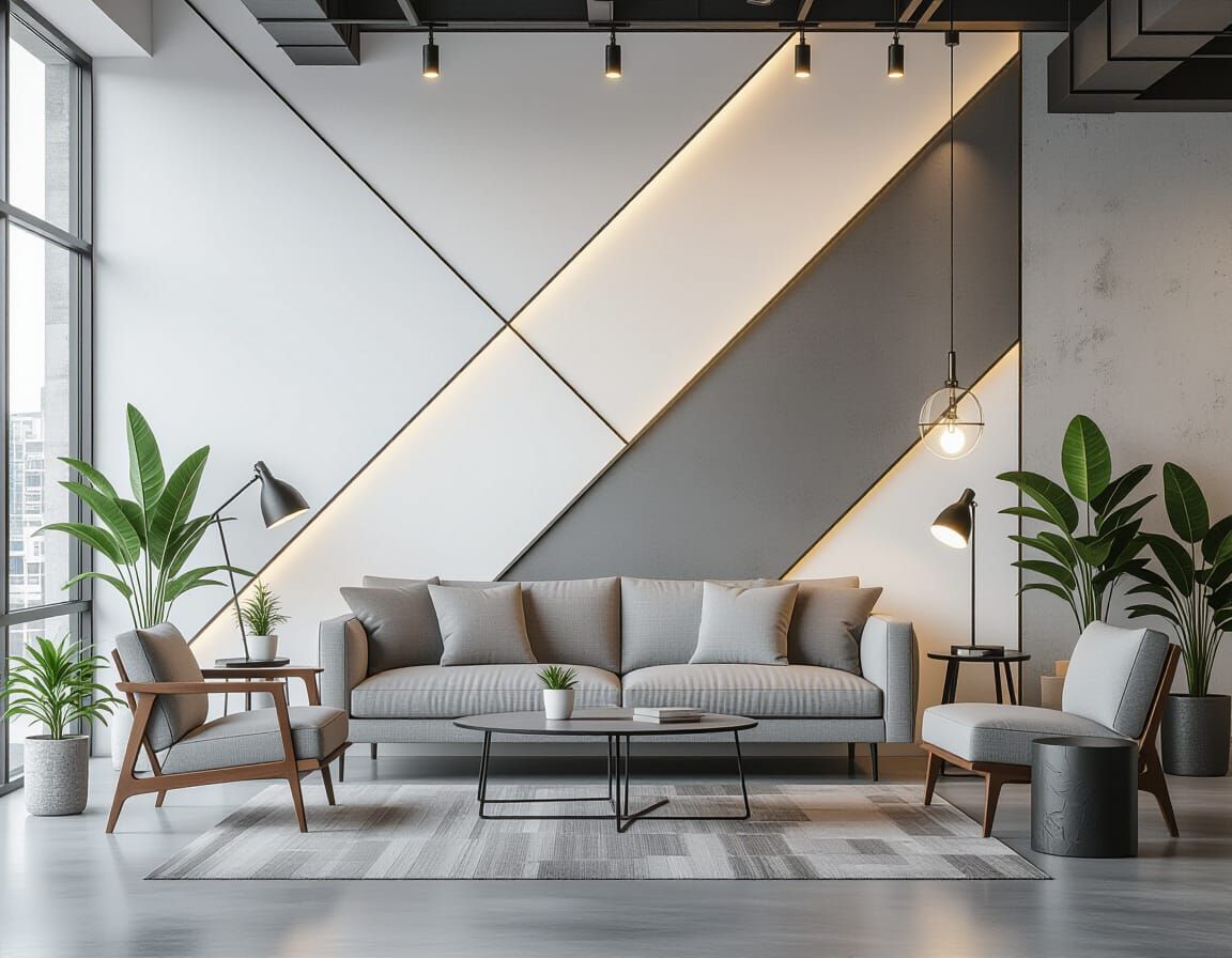 Minimalist Geometric Wallpaper in Steel, Concrete and White