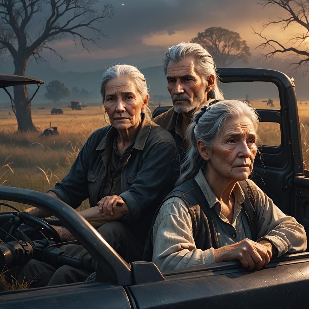 Grey-Haired Couple Under Golden Hour in a Dark Fantasy Lands...