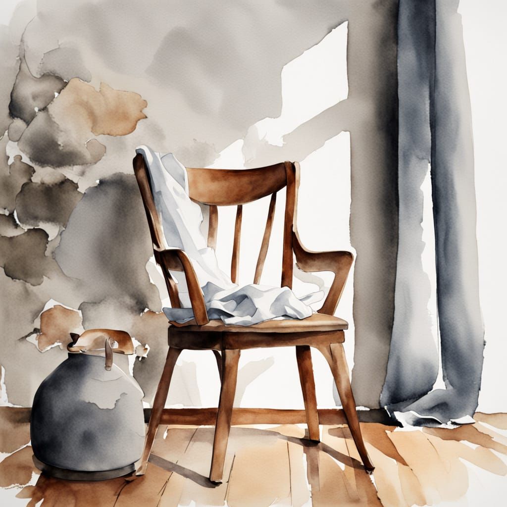 Minimal Wooden Chair in Watercolor Still Life