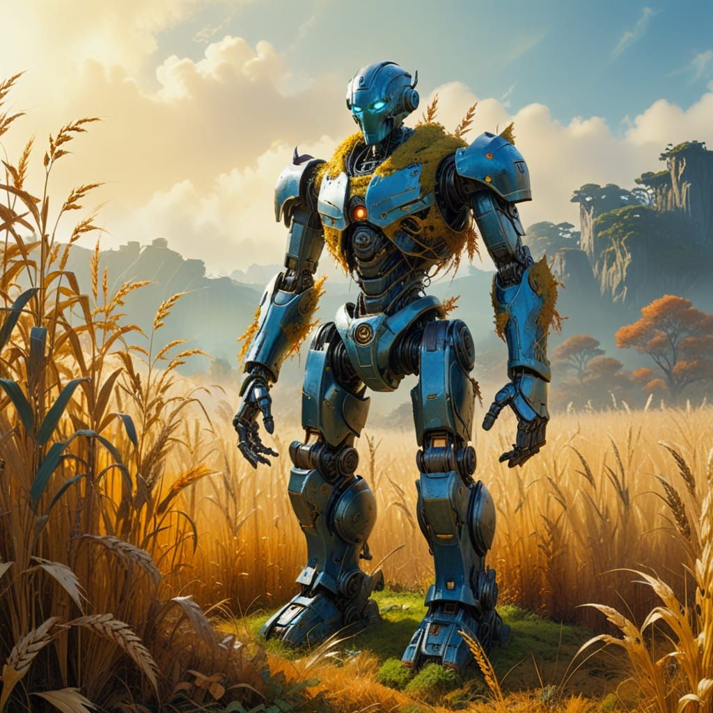 Ancient Robot in Autumn Field, Chinese Ink Style