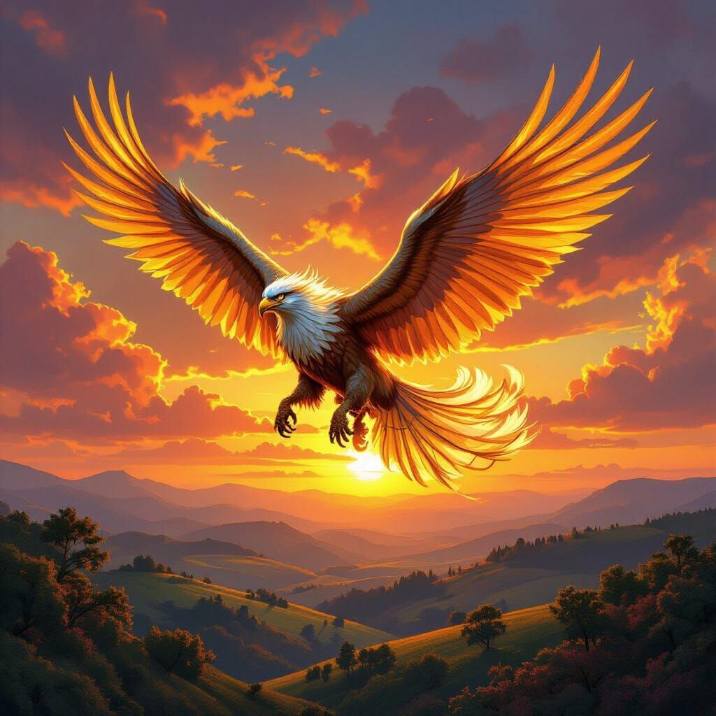 Griffin Soaring Through Sunset Sky in Fantasy Style
