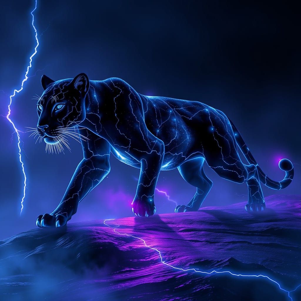 Glowing Black Panther Illuminates Dark Landscape with Electr...