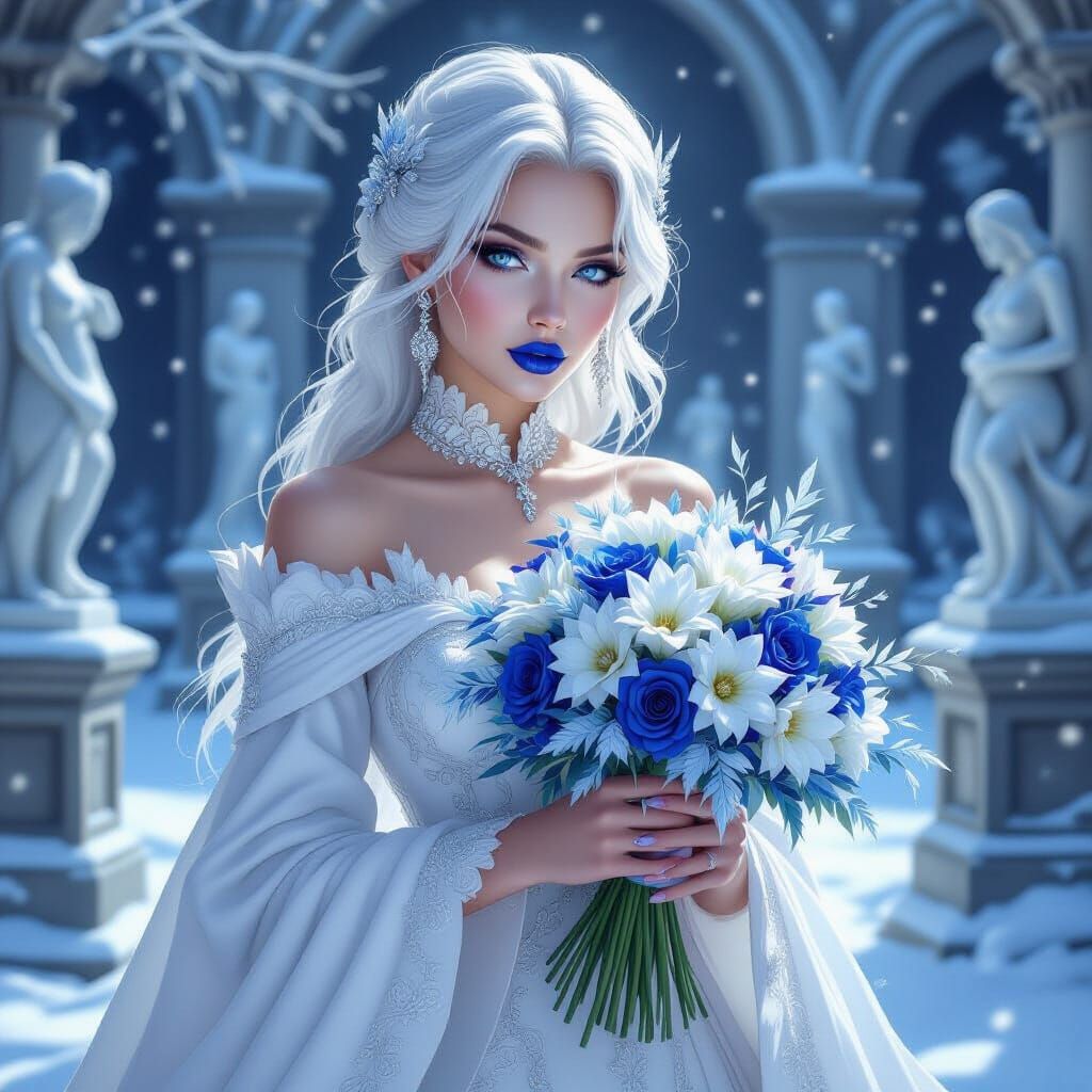 Haughty Ice Queen with Frosty Breath in Winter Courtyard