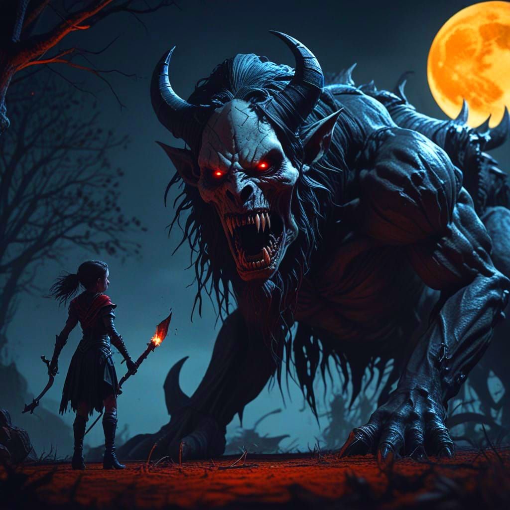 Dark Gothic Huntress Pursues Innocent Child Under Full Moonl...