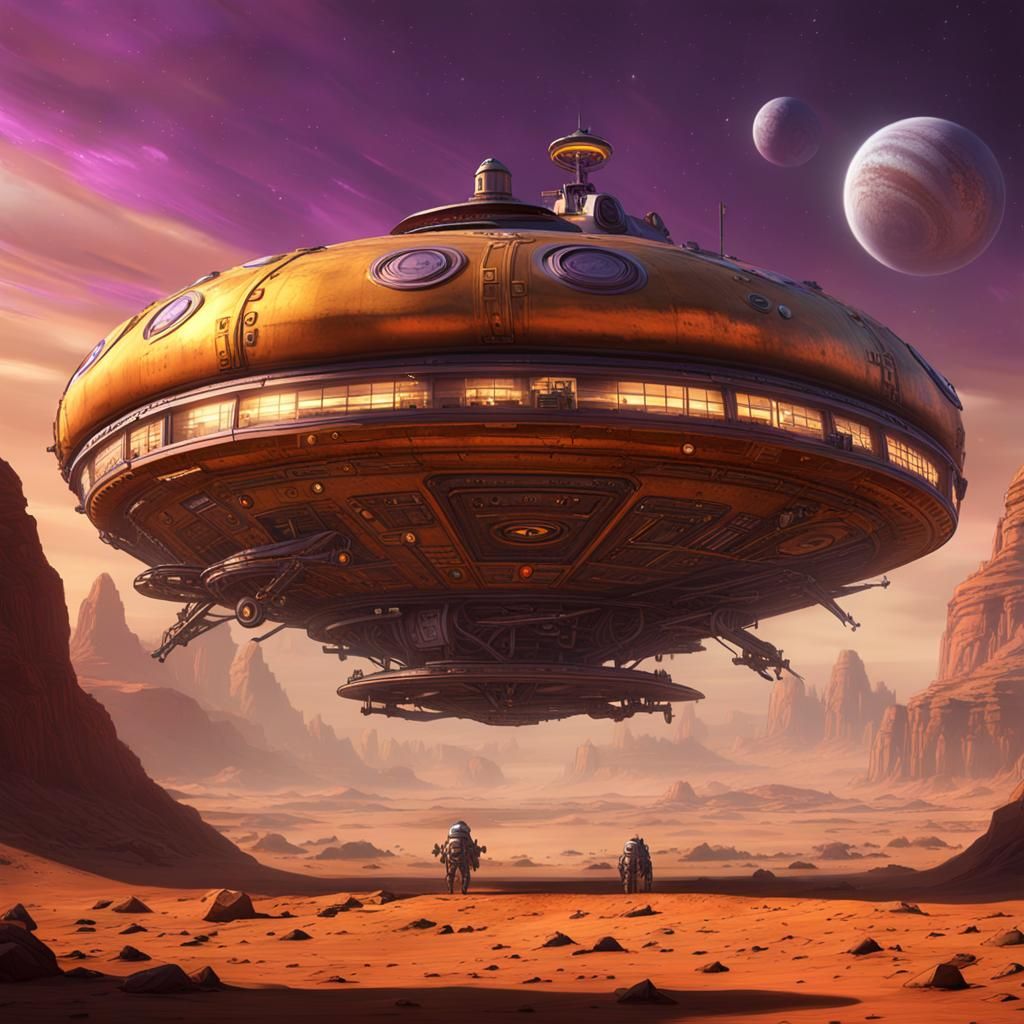 Steampunk Flying Saucer on Mars: Digital Art