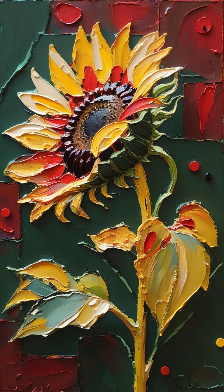 Expressive impasto painting, close up. A sunflower with distinctive red dots in a garden. Close up. Thick, heavy brushst...