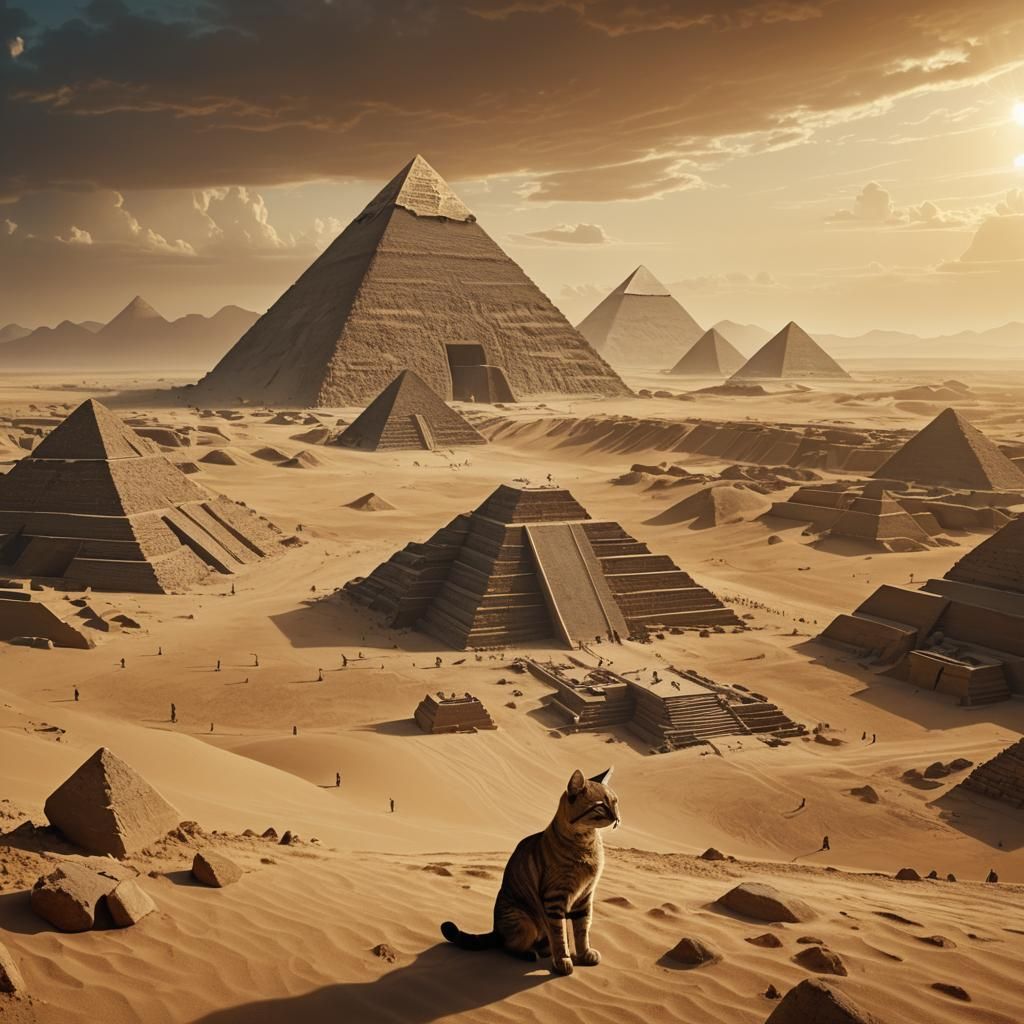 Siamese Cat Lounging by Sphinx in Desert Landscape