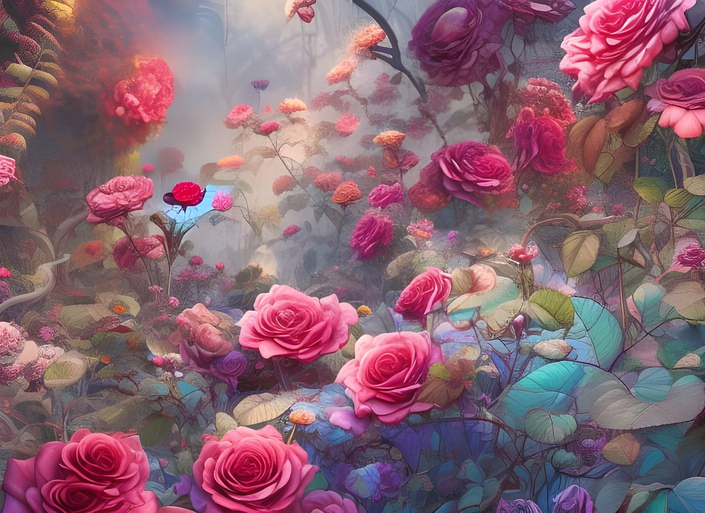 Detailed Rose Garden in Oil Painting Style